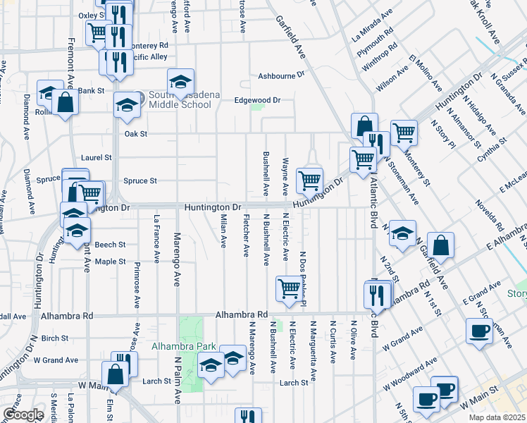 map of restaurants, bars, coffee shops, grocery stores, and more near 1959 Huntington Drive in Alhambra
