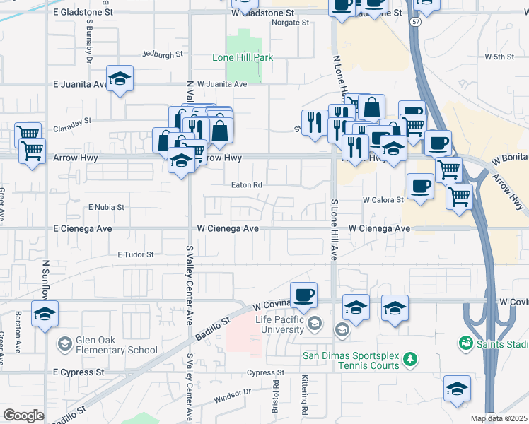 map of restaurants, bars, coffee shops, grocery stores, and more near 1245 West Cienega Avenue in San Dimas