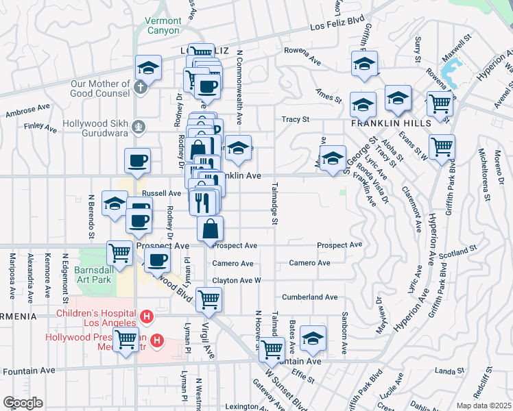 map of restaurants, bars, coffee shops, grocery stores, and more near 4331 Melbourne Avenue in Los Angeles
