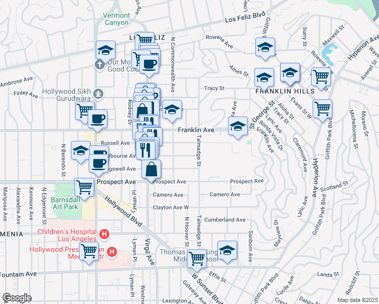 map of restaurants, bars, coffee shops, grocery stores, and more near 4319 Melbourne Avenue in Los Angeles