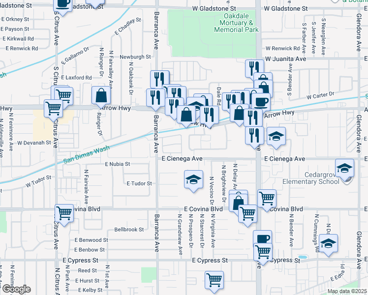 map of restaurants, bars, coffee shops, grocery stores, and more near 702 Arrow Grand Circle in Covina