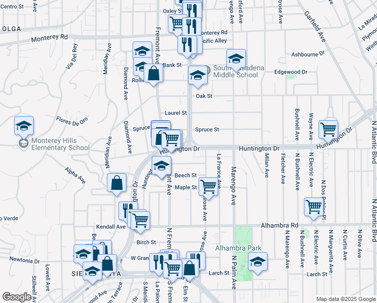 map of restaurants, bars, coffee shops, grocery stores, and more near 1495 Huntington Drive in South Pasadena