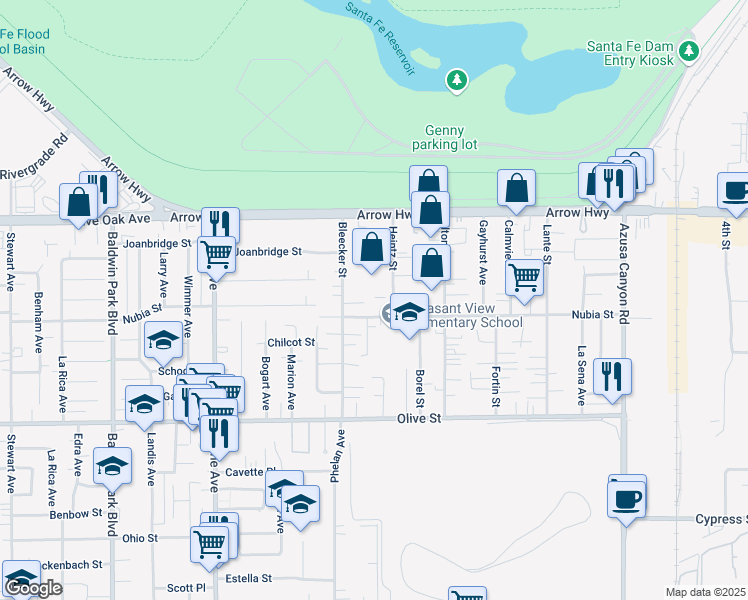 map of restaurants, bars, coffee shops, grocery stores, and more near 5025 Heintz Street in Baldwin Park