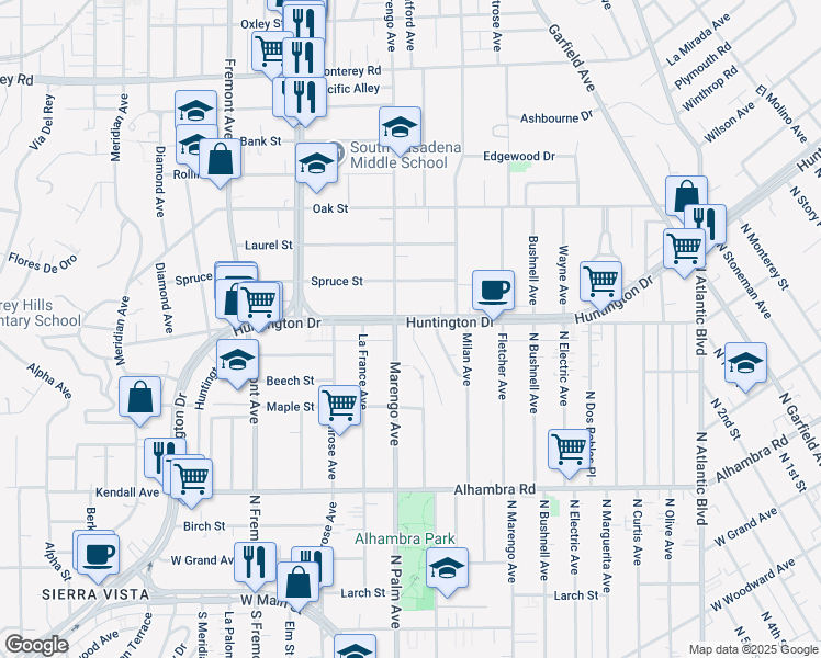 map of restaurants, bars, coffee shops, grocery stores, and more near 1711 Huntington Drive in South Pasadena