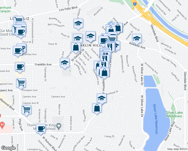 map of restaurants, bars, coffee shops, grocery stores, and more near 2366 Lyric Avenue in Los Angeles