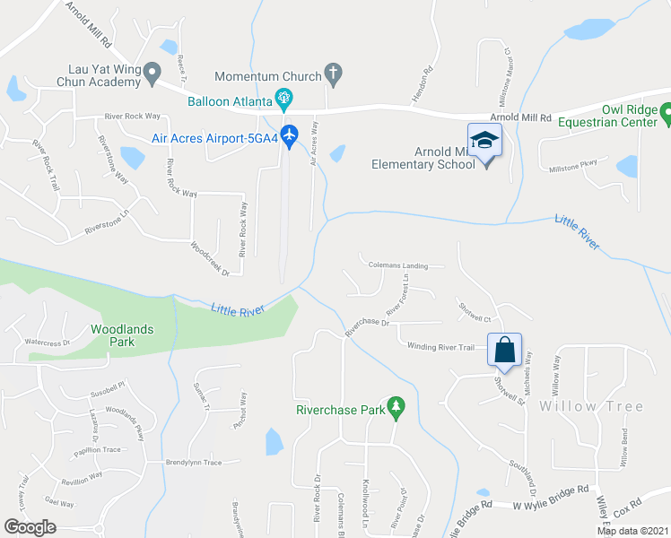 map of restaurants, bars, coffee shops, grocery stores, and more near 1609 Landing Court in Woodstock