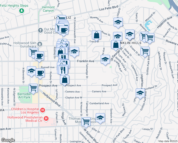 map of restaurants, bars, coffee shops, grocery stores, and more near 1800 Talmadge Street in Los Angeles