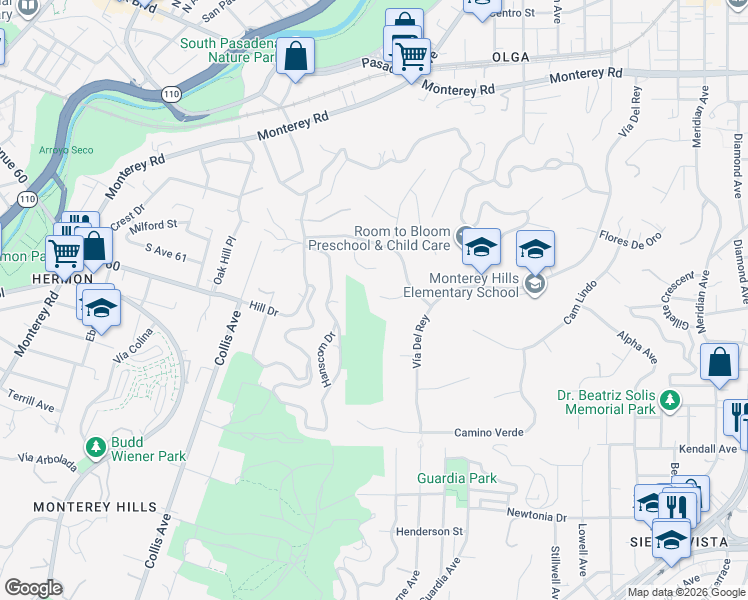 map of restaurants, bars, coffee shops, grocery stores, and more near 1848 La Manzanita Street in South Pasadena
