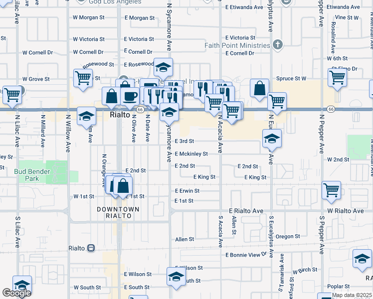 map of restaurants, bars, coffee shops, grocery stores, and more near 342 East Mckinley Street in Rialto