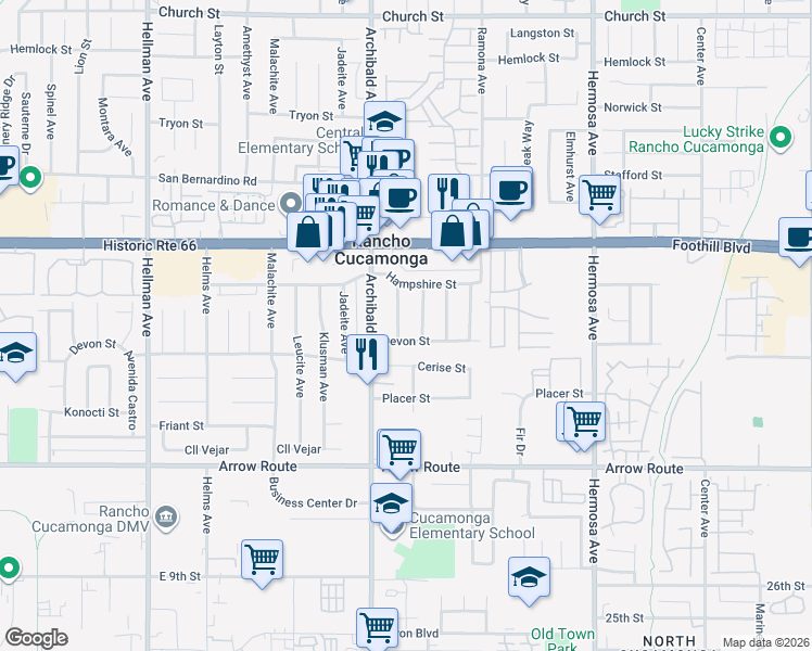 map of restaurants, bars, coffee shops, grocery stores, and more near 8256 Burgundy Avenue in Rancho Cucamonga