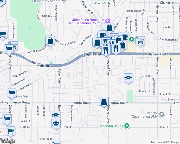 map of restaurants, bars, coffee shops, grocery stores, and more near 8723 Timberwood Court in Rancho Cucamonga