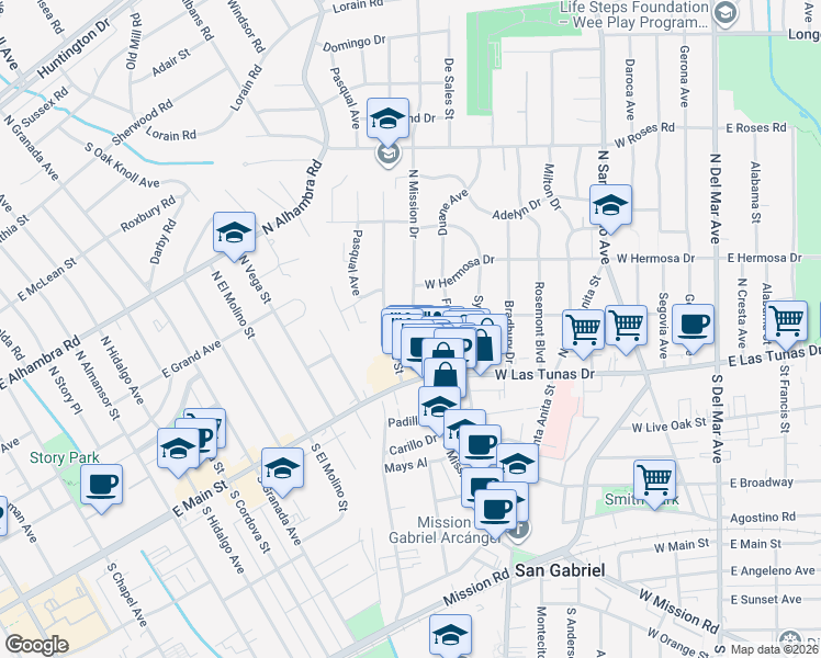 map of restaurants, bars, coffee shops, grocery stores, and more near 143 North Mission Drive in San Gabriel