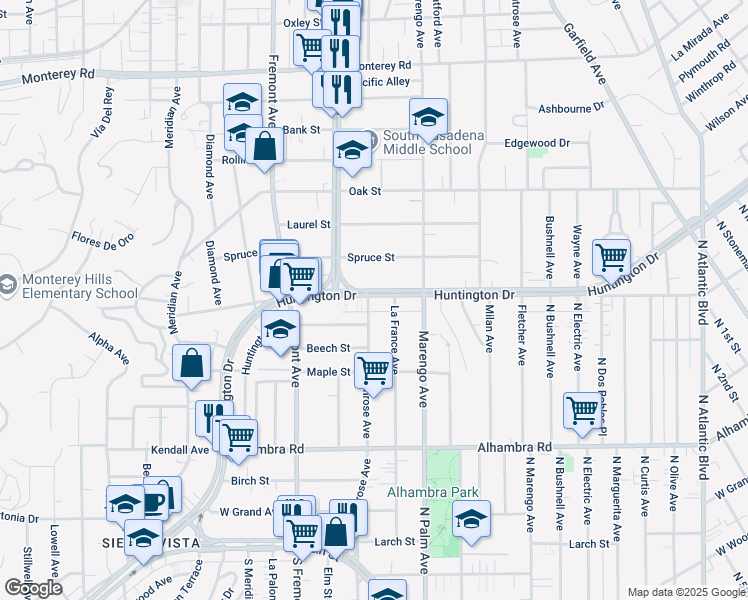 map of restaurants, bars, coffee shops, grocery stores, and more near in South Pasadena