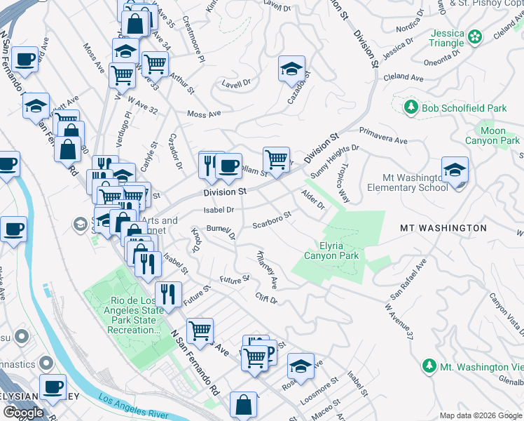 map of restaurants, bars, coffee shops, grocery stores, and more near 3366 Isabel Drive in Los Angeles