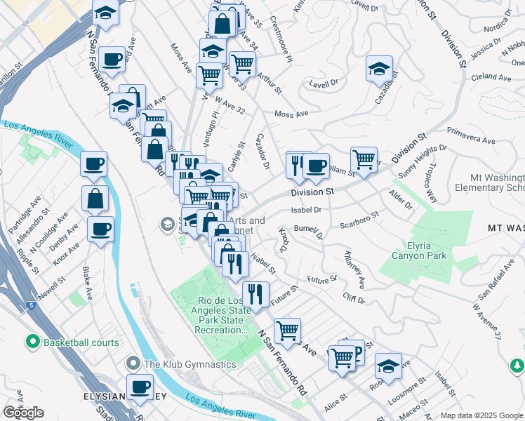 map of restaurants, bars, coffee shops, grocery stores, and more near 3104 Division Street in Los Angeles