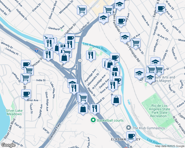 map of restaurants, bars, coffee shops, grocery stores, and more near 2833 Partridge Avenue in Los Angeles