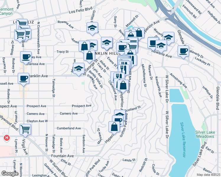 map of restaurants, bars, coffee shops, grocery stores, and more near 2373 Lyric Avenue in Los Angeles