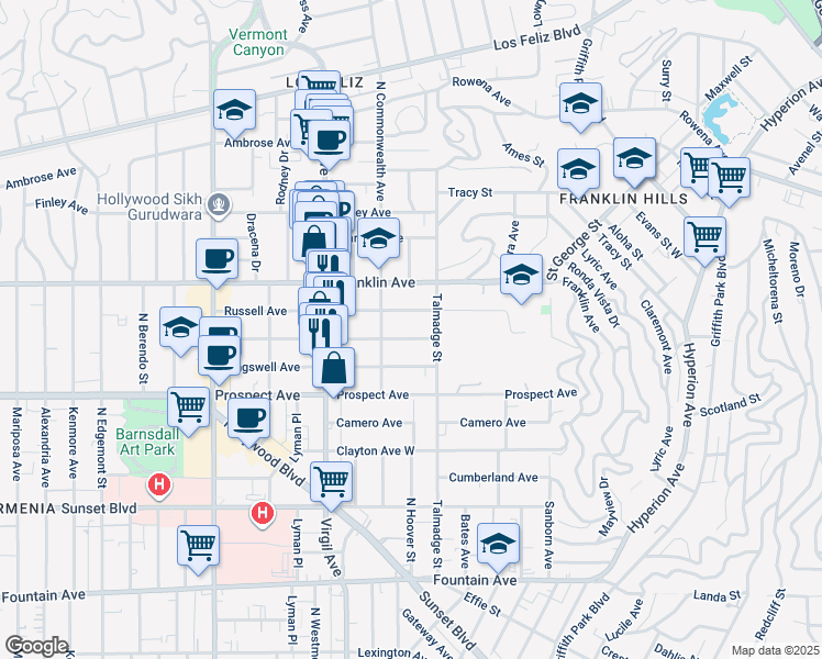 map of restaurants, bars, coffee shops, grocery stores, and more near 4319 Melbourne Avenue in Los Angeles