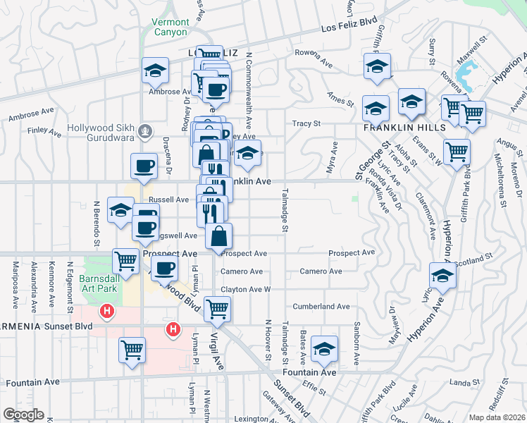 map of restaurants, bars, coffee shops, grocery stores, and more near 4319 Melbourne Avenue in Los Angeles