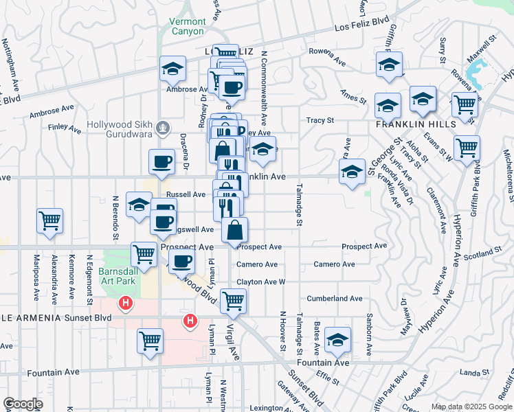 map of restaurants, bars, coffee shops, grocery stores, and more near 1801 North Commonwealth Avenue in Los Angeles