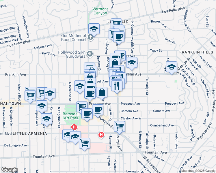 map of restaurants, bars, coffee shops, grocery stores, and more near 4523 Melbourne Avenue in Los Angeles