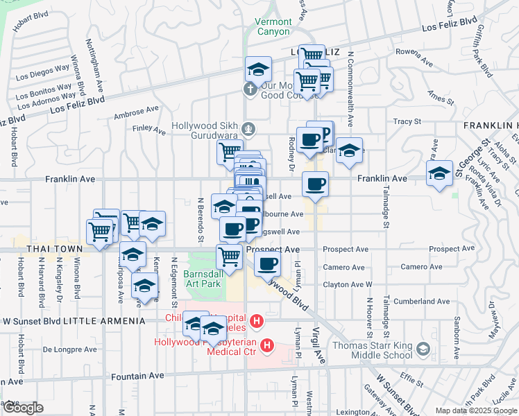 map of restaurants, bars, coffee shops, grocery stores, and more near 1812 North Vermont Avenue in Los Angeles