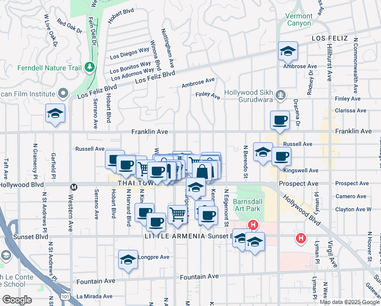 map of restaurants, bars, coffee shops, grocery stores, and more near 1816 North Mariposa Avenue in Los Angeles