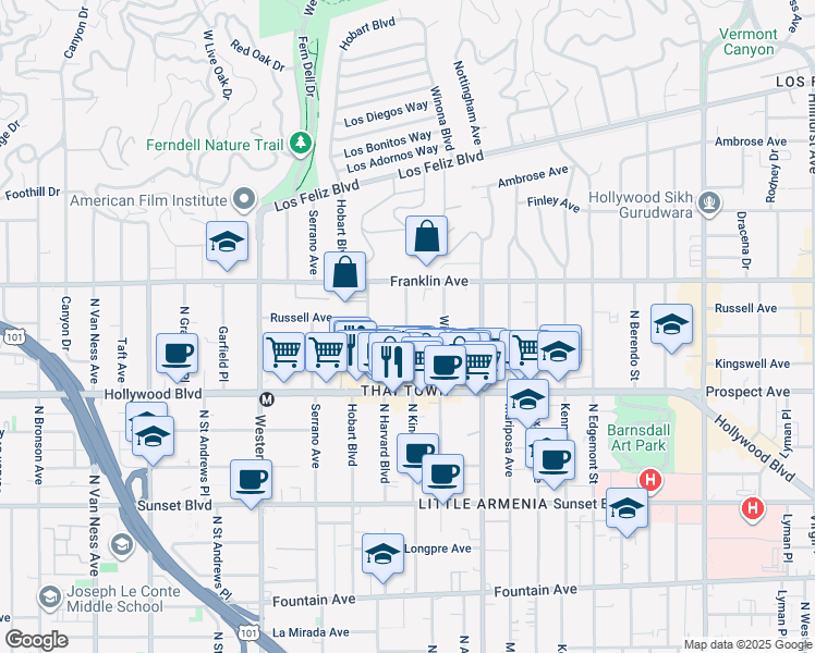 map of restaurants, bars, coffee shops, grocery stores, and more near 1813 North Kingsley Drive in Los Angeles