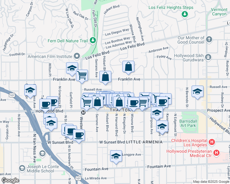 map of restaurants, bars, coffee shops, grocery stores, and more near 1818 1/2 North Harvard Boulevard in Los Angeles
