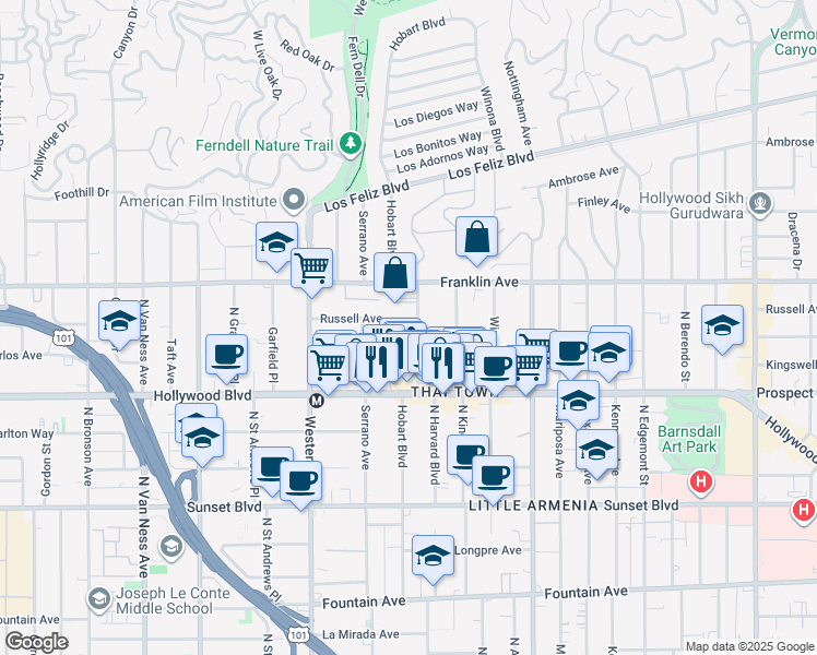 map of restaurants, bars, coffee shops, grocery stores, and more near 1818 1/2 North Harvard Boulevard in Los Angeles