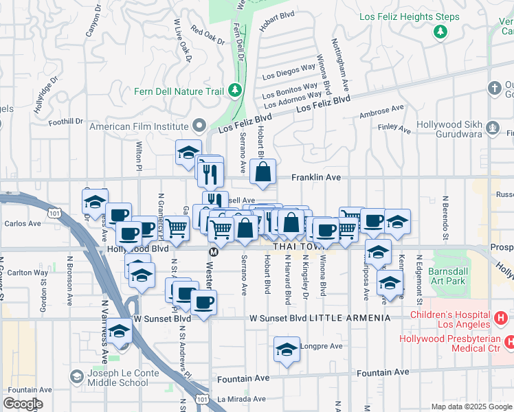 map of restaurants, bars, coffee shops, grocery stores, and more near 5332 Russell Avenue in Los Angeles