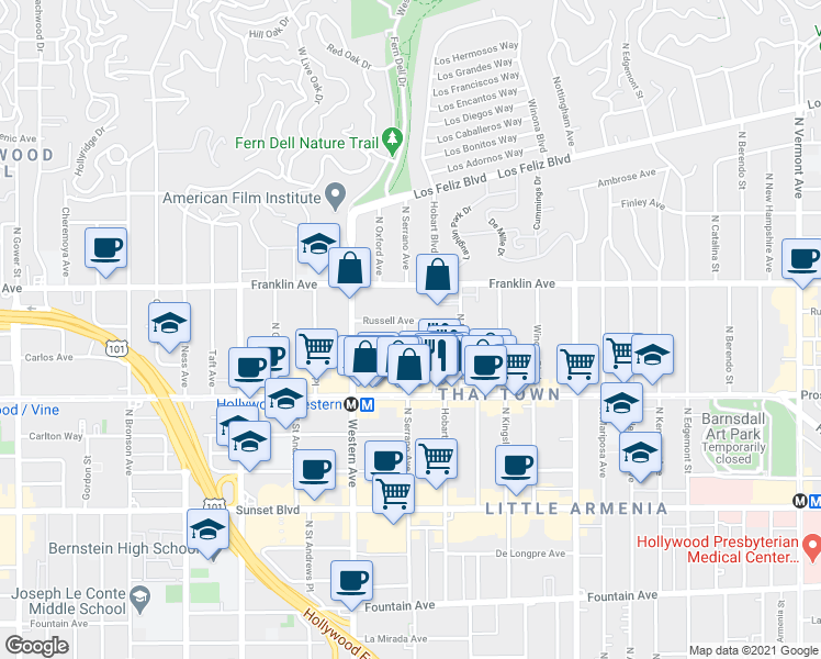 map of restaurants, bars, coffee shops, grocery stores, and more near 5332 Russell Avenue in Los Angeles