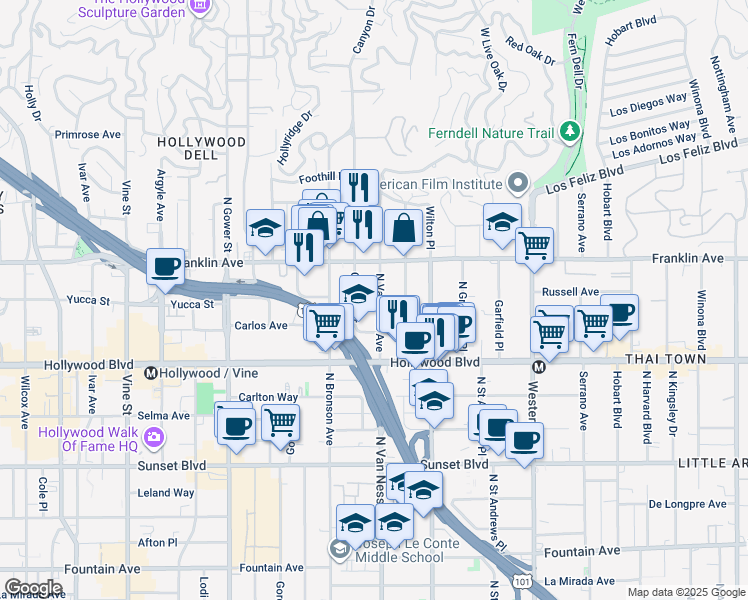 map of restaurants, bars, coffee shops, grocery stores, and more near 1818 North Van Ness Avenue in Los Angeles