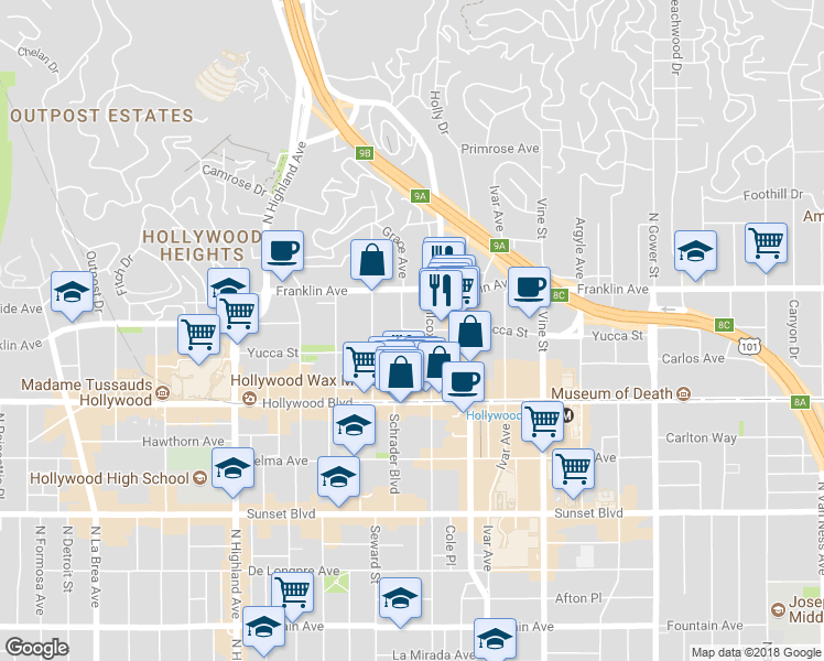 map of restaurants, bars, coffee shops, grocery stores, and more near 1492 Grace Avenue in Los Angeles