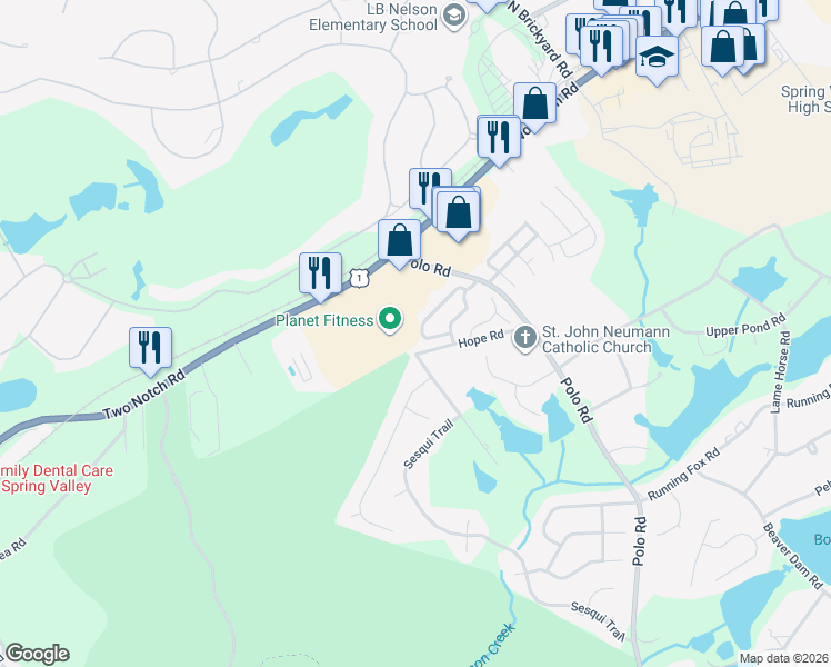 map of restaurants, bars, coffee shops, grocery stores, and more near 37 Polo Ridge Circle in Columbia