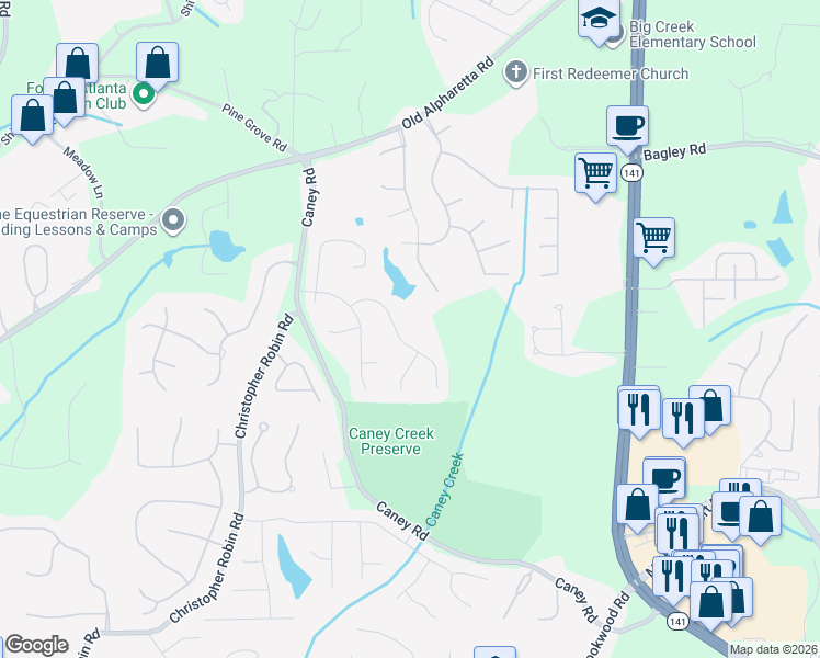 map of restaurants, bars, coffee shops, grocery stores, and more near 2795 Old Church Road in Cumming