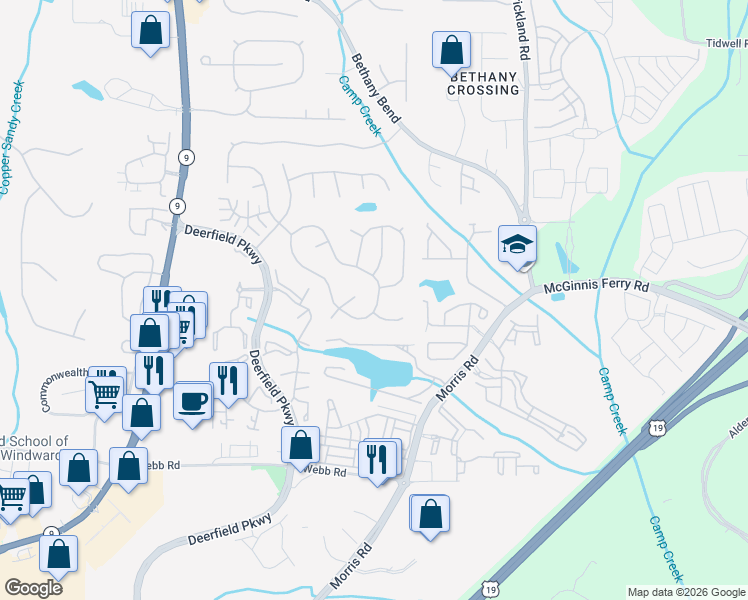 map of restaurants, bars, coffee shops, grocery stores, and more near 3491 Avensong Village Circle in Alpharetta