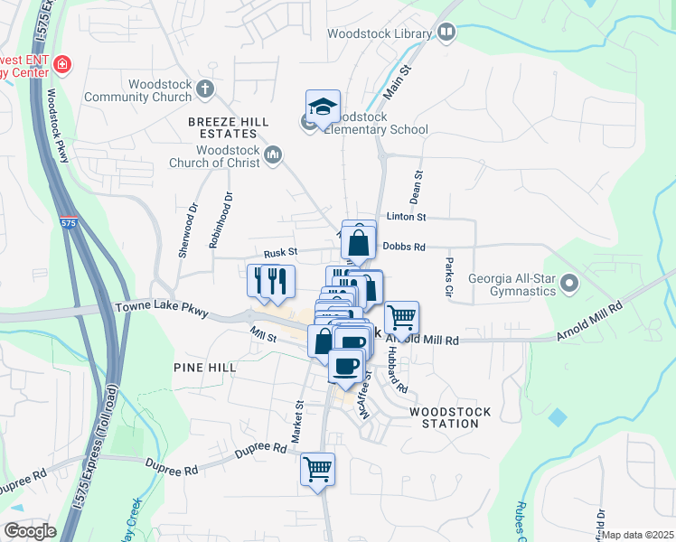 map of restaurants, bars, coffee shops, grocery stores, and more near 109 Rope Mill Road in Woodstock