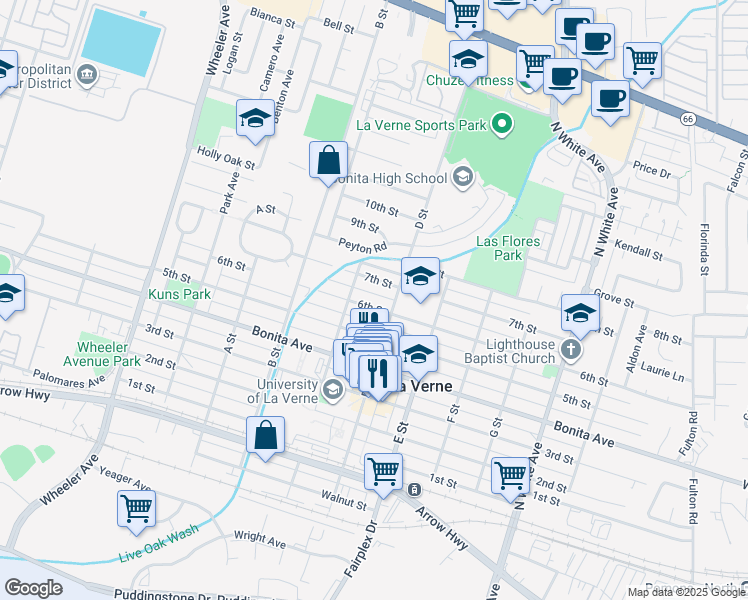 map of restaurants, bars, coffee shops, grocery stores, and more near 2051 6th Street in La Verne