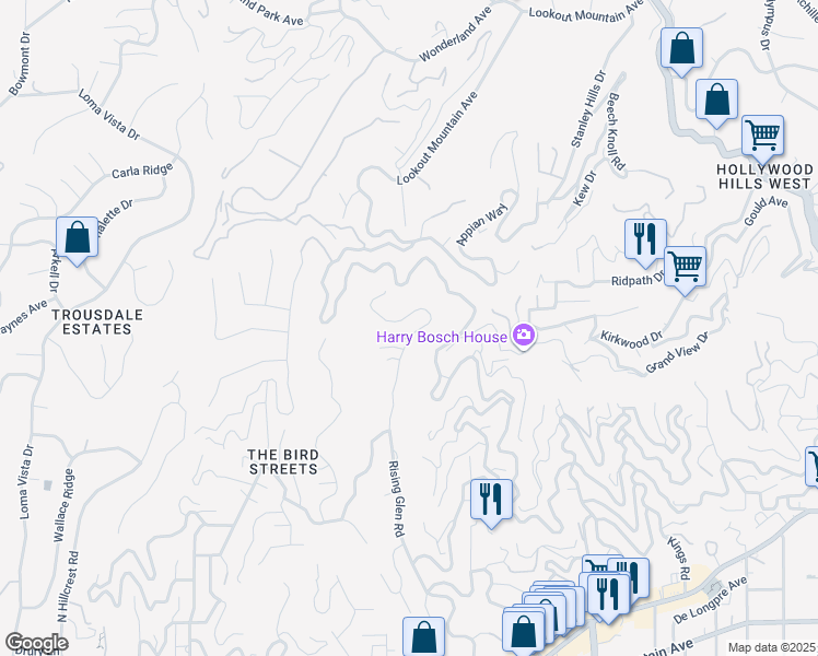 map of restaurants, bars, coffee shops, grocery stores, and more near 1731 Rising Glen Road in Los Angeles
