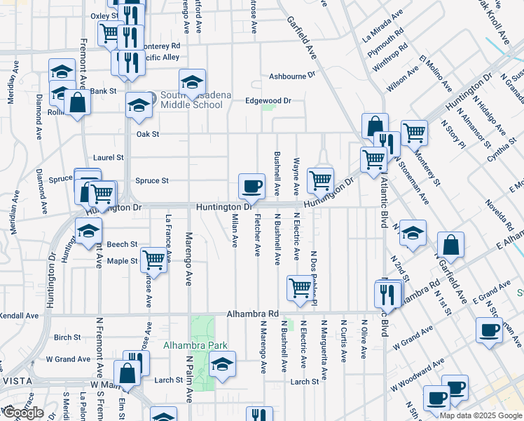 map of restaurants, bars, coffee shops, grocery stores, and more near 1959 Huntington Drive in Alhambra
