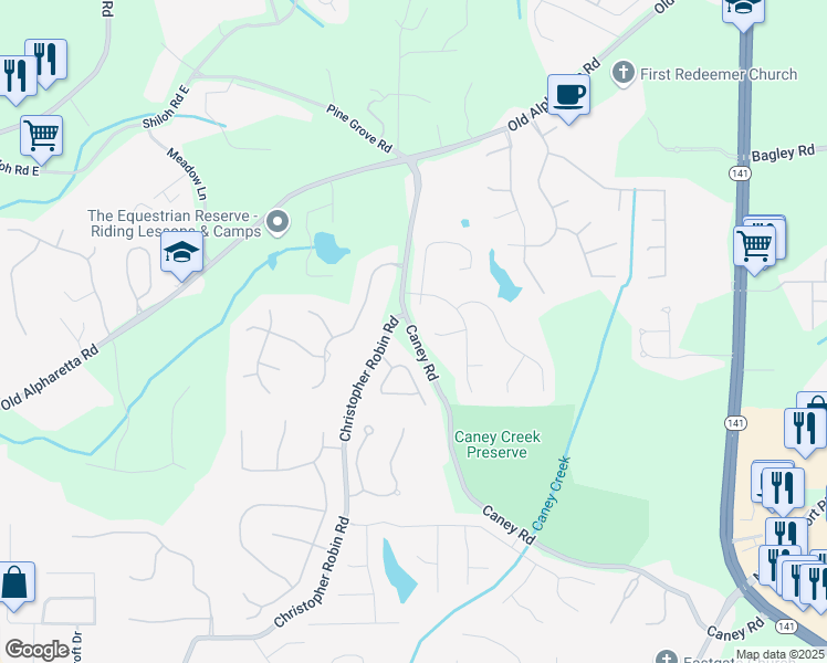 map of restaurants, bars, coffee shops, grocery stores, and more near 2620 Caney Road in Cumming