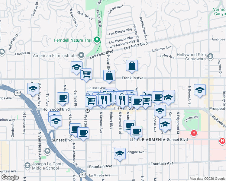 map of restaurants, bars, coffee shops, grocery stores, and more near 1818 1/2 North Harvard Boulevard in Los Angeles