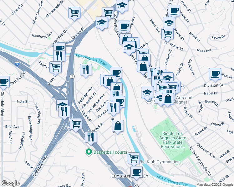 map of restaurants, bars, coffee shops, grocery stores, and more near 2926 Denby Avenue in Los Angeles