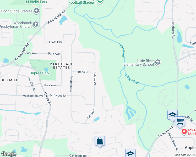 map of restaurants, bars, coffee shops, grocery stores, and more near 247 Sabrina Court in Woodstock