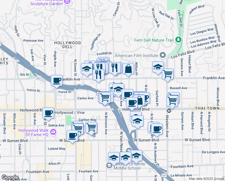 map of restaurants, bars, coffee shops, grocery stores, and more near 1815 Canyon Drive in Los Angeles