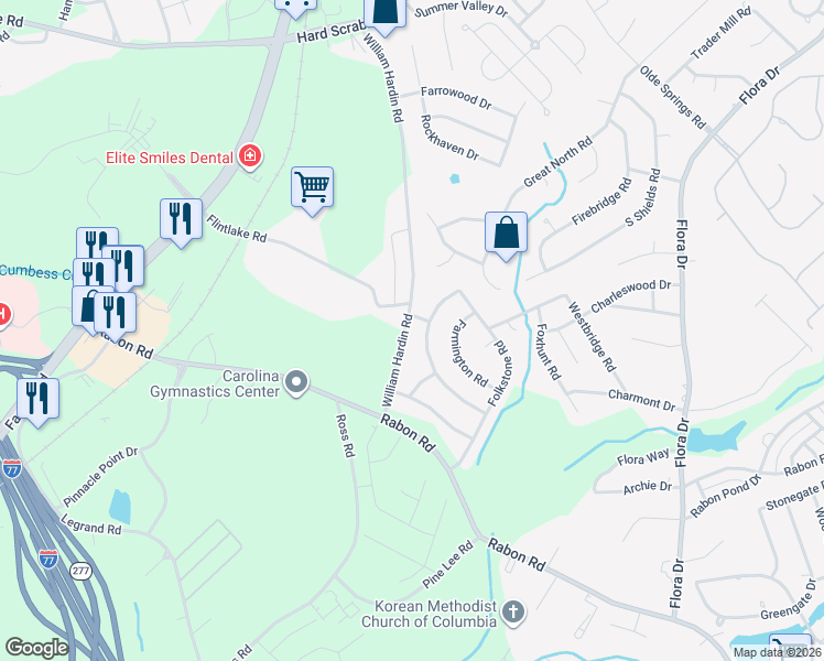 map of restaurants, bars, coffee shops, grocery stores, and more near 705 William Hardin Road in Columbia