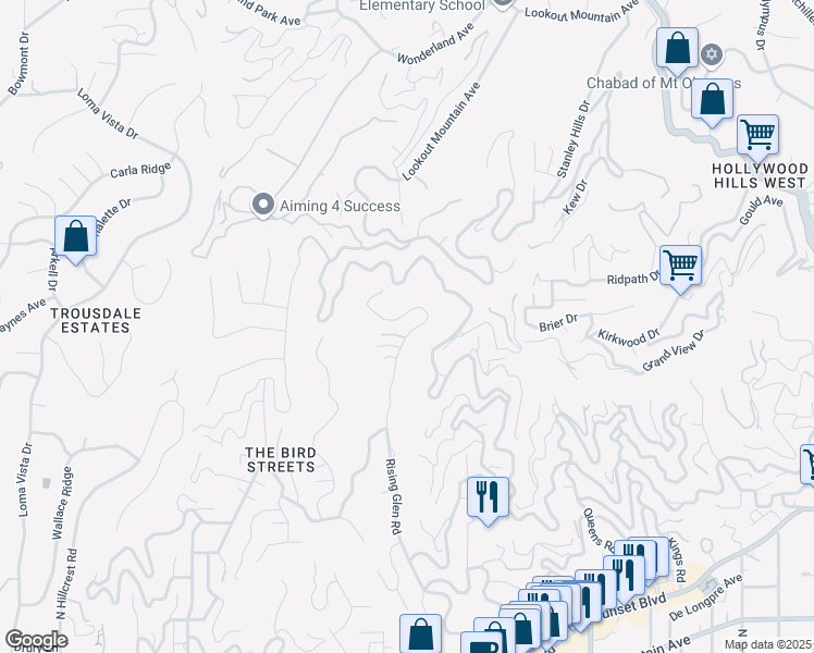 map of restaurants, bars, coffee shops, grocery stores, and more near 1731 Rising Glen Road in Los Angeles