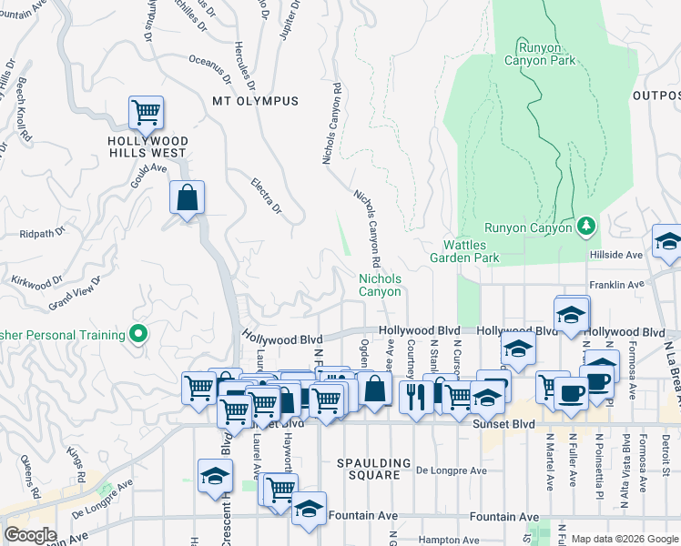 map of restaurants, bars, coffee shops, grocery stores, and more near 1790 North Orange Grove Avenue in Los Angeles
