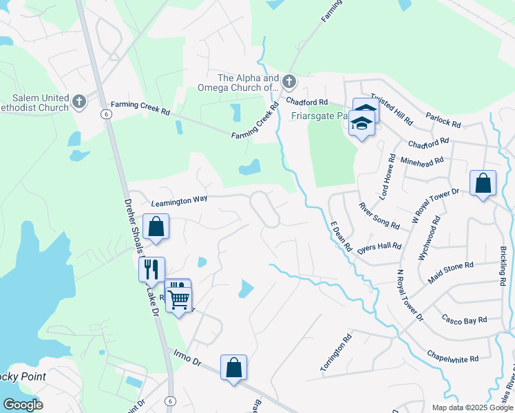 map of restaurants, bars, coffee shops, grocery stores, and more near 1005 Leamington Circle in Irmo